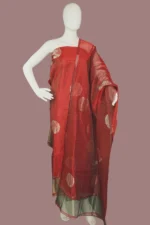 Chanderi Silk-Cotton Unstitched Salwar Suit Material with Dupatta – Silver Zari Floral Buta & Gold Tissue Border - Image 5