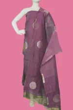 Chanderi Silk-Cotton Unstitched Salwar Suit Material with Dupatta – Silver Zari Floral Buta & Gold Tissue Border