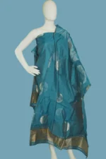 Chanderi Silk-Cotton Unstitched Salwar Suit Material with Dupatta – Silver Zari Floral Buta & Gold Tissue Border - Image 3